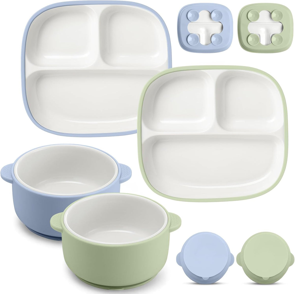 Domensi 4 Pcs Square Porcelain Kid Suction Plate and Bowl,Blue, Green