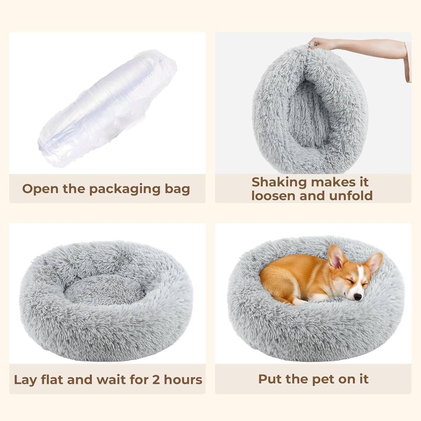 Calming Donut Dog and Cat Bed for Indoor Cats, round Fluffy Soft Washable Anti-Anxiety Small Pet Bed for Puppy and Kitten, Warming Comfortable Luxury Anti-Slip Waterproof Mute Base 20In Gray