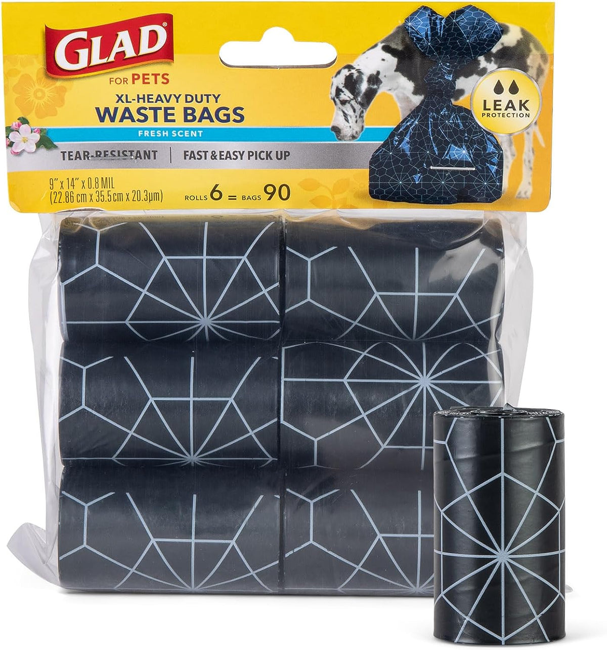 Glad for Pets Extra Large Scented Dog Poop Bags, Heavy Duty Tear-Resistant Pet Waste Pickup Bags with Fresh Scent, Easy-Tie Handles for Walking, Camping, Travel, 90 Count