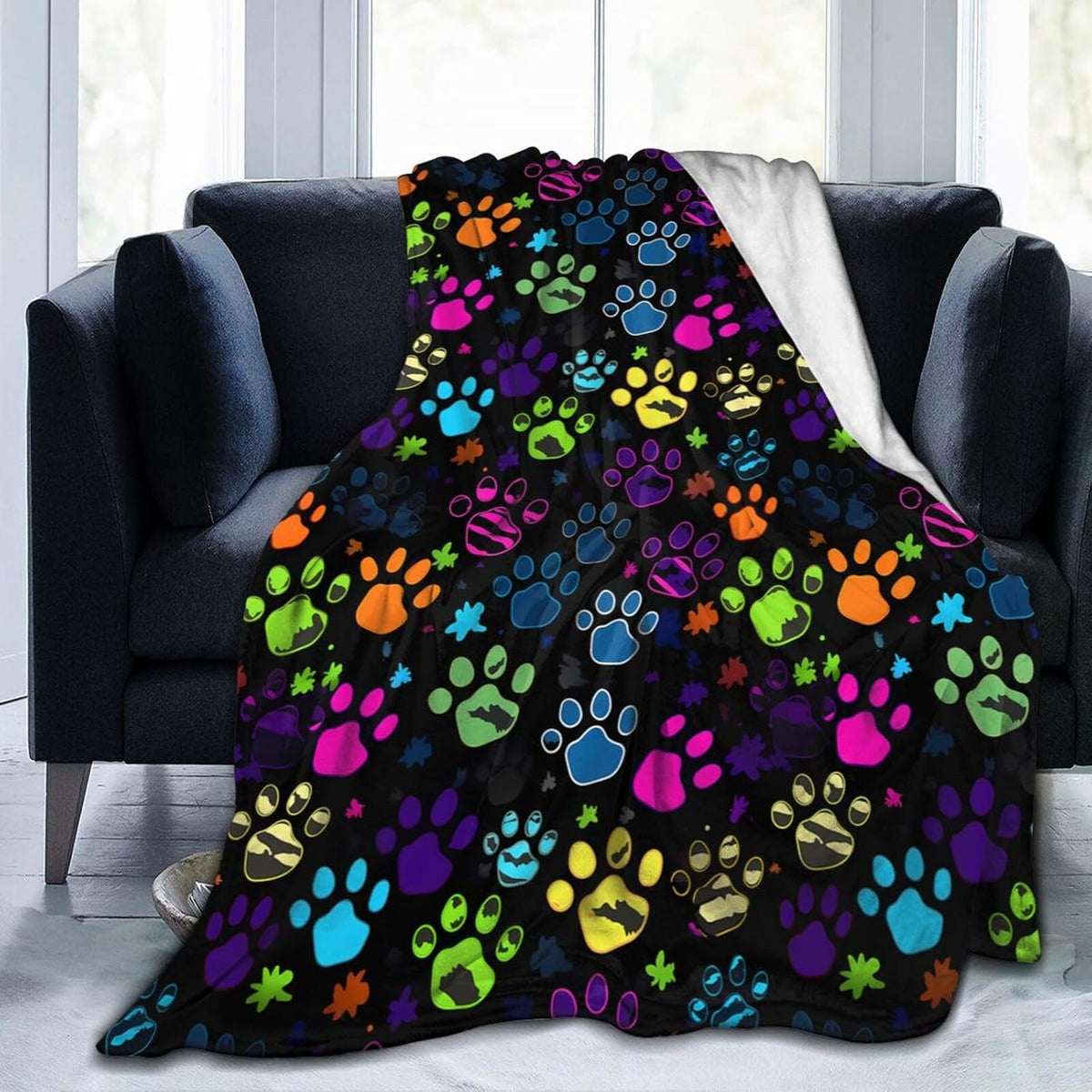 Ouqiuwa Colorful Dog Paw Print Throw Blanket Soft Lightweight Flannel Fleece Blanket 60"X50" for Bed Sofa Couch Camping Travel