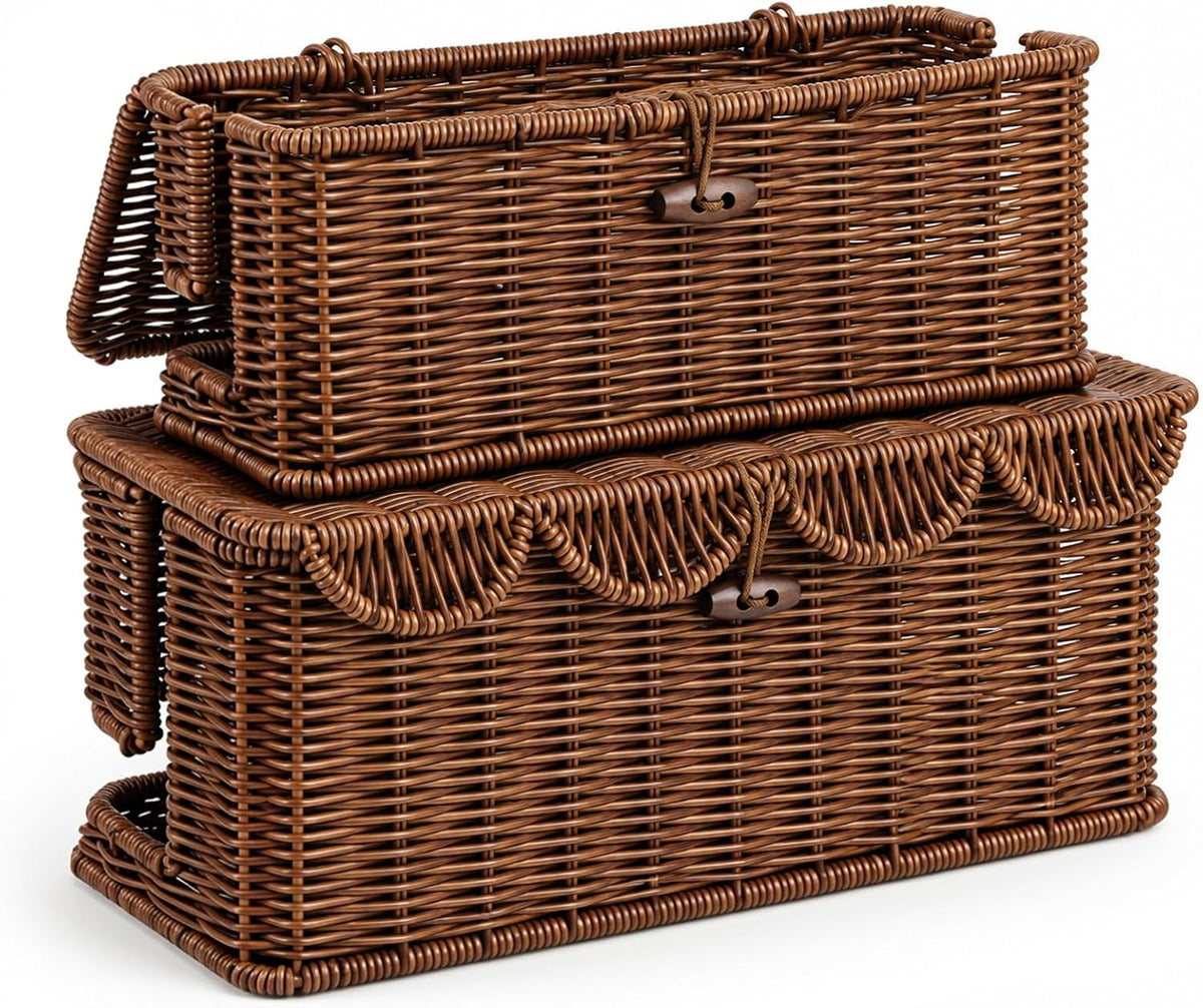 2Pcs Rattan Cable Management Box Large Handwoven Cord Organizer Box 13" 15"