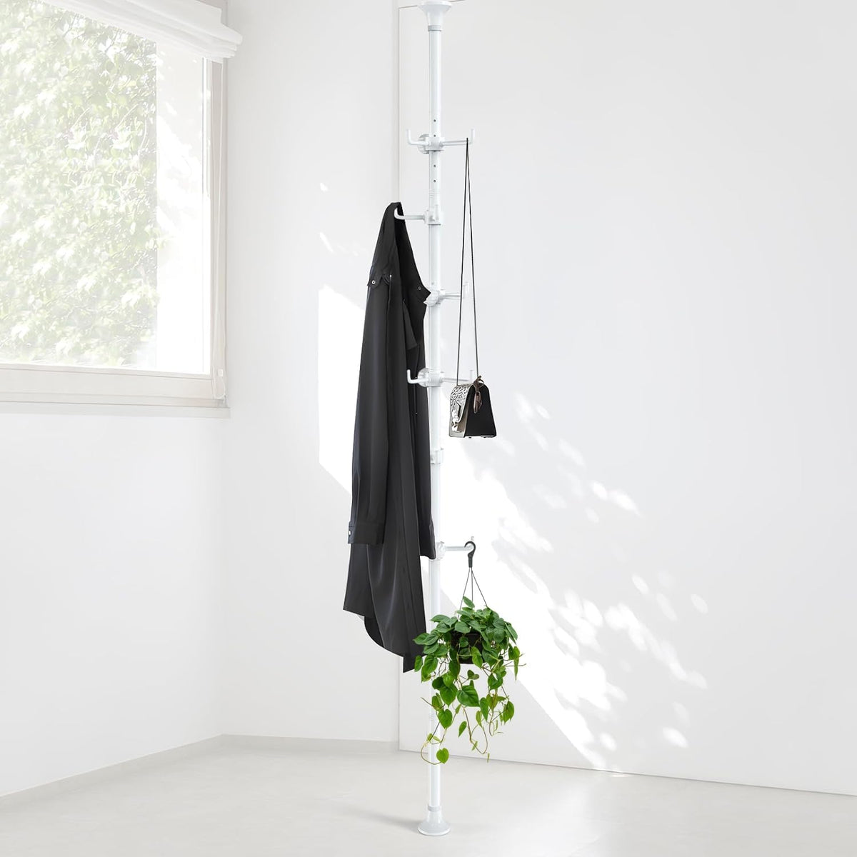 Coat Rack Freestanding, 56 to 125 Inch Adjustable Tension Rod Coat Tree with 12 Hooks for Hanging Plant,Coat, Jacket, Hat, Scarf, Suitable for Living Room, Balcony, Kitchen White