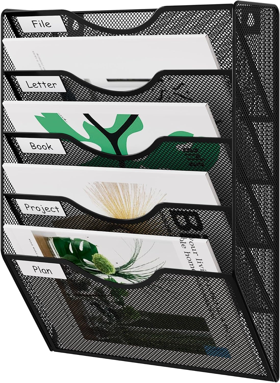 Easypag Wall File Organizer 5 Tier Hanging Paper Folder Holder, Zero Assembly Metal Mesh Wall Mounted Mail Organizer for Office Home Classroom Narrow Spaces, Black
