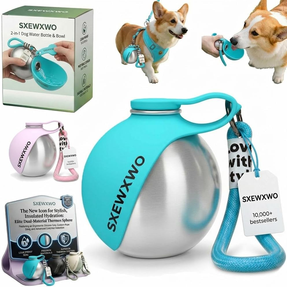 The 2-In-1 Dog Water Bottle & Bowl 2026 New Portable Trave Pet Dispenser Perros Silicone Water Ball Spill Proof Container Design on Walks Walking Hiking Insulated round Botella Animal (Blue)