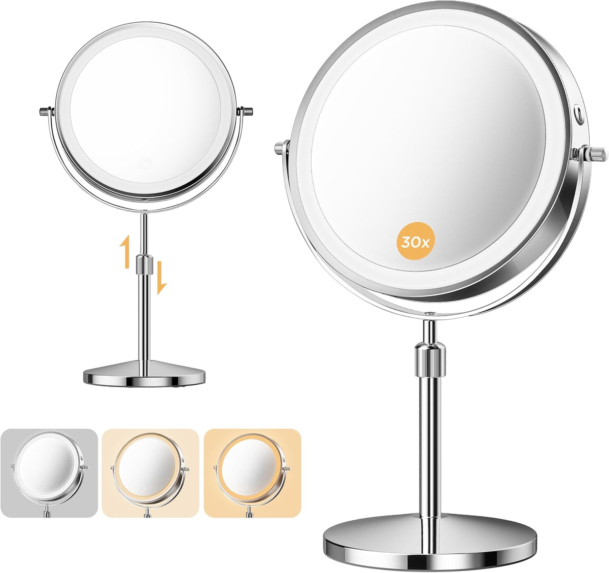 Double-Sided Makeup Mirror with Light, 1X/30X, 3 Colors, 3200Mah