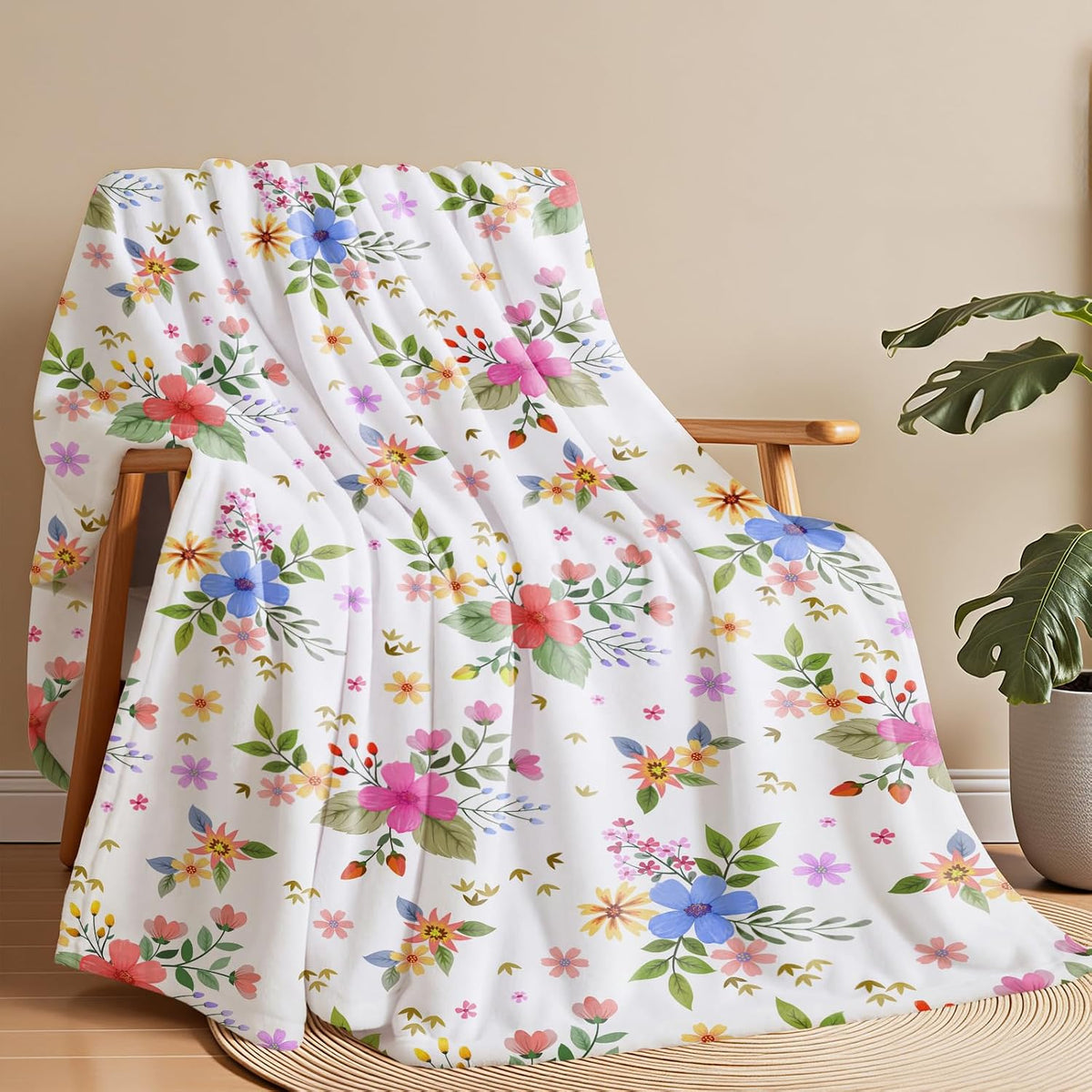 Wajade Floral Throw Blanket Birthday Gift for Women Mom Girls Flowers Blanket Watercolor Flannel Blanket Wildflower Printed Throw for Couch Sofa Bed Chair 50"X60"