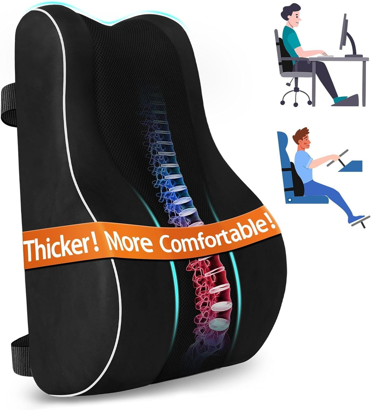 Cloudbliss Lumbar Support Pillow, Memory Foam for Office Chair, Black