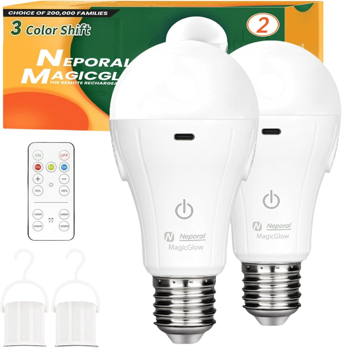 Neporal Magicglow Rechargeable Light Bulbs with Remote, 3 Colors Shift + Dimmable Battery Powered Light Bulbs, USB Rechargeable, A19 Standard Emergency LED Light Bulbs, 15W
