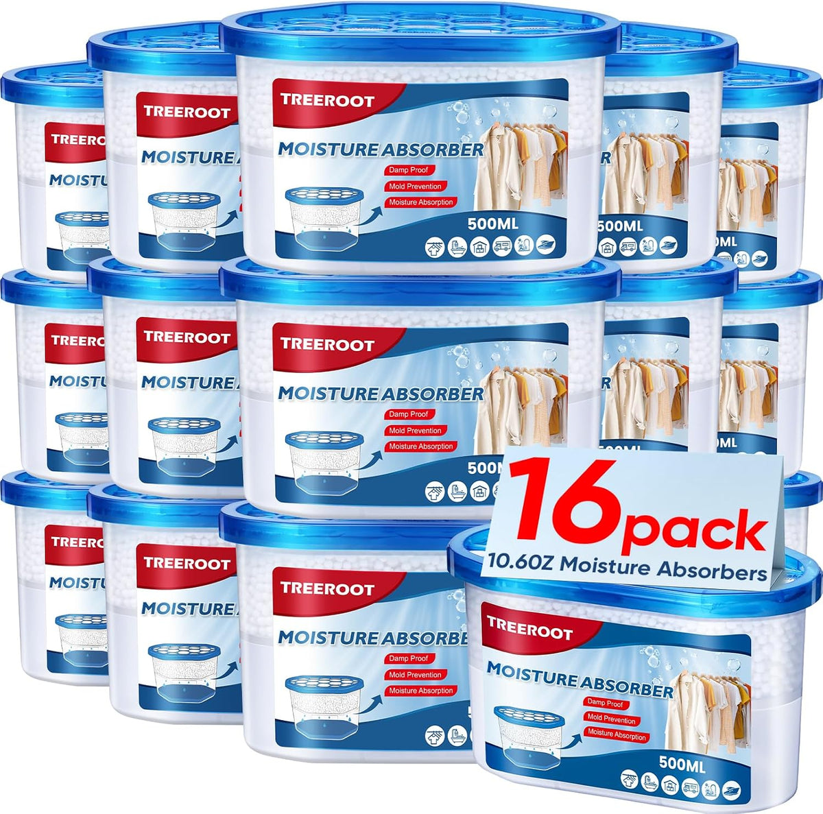 16 Pack Moisture Absorbers for Closet, 10.6 Oz Humidity Absorber Bucket