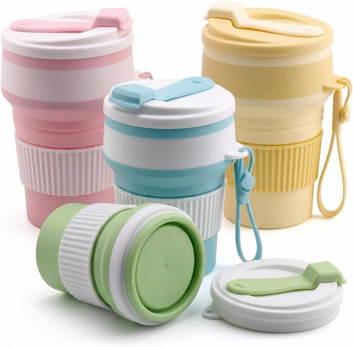 4-Pack Collapsible Cup Reusable – 12Oz Leakproof Travel Coffee Mug, Silicone, Foldable & Portable for Hiking, Camping, Office | Lightweight, Heat-Resistant, Easy to Clean, Outdoor & Travel Cup