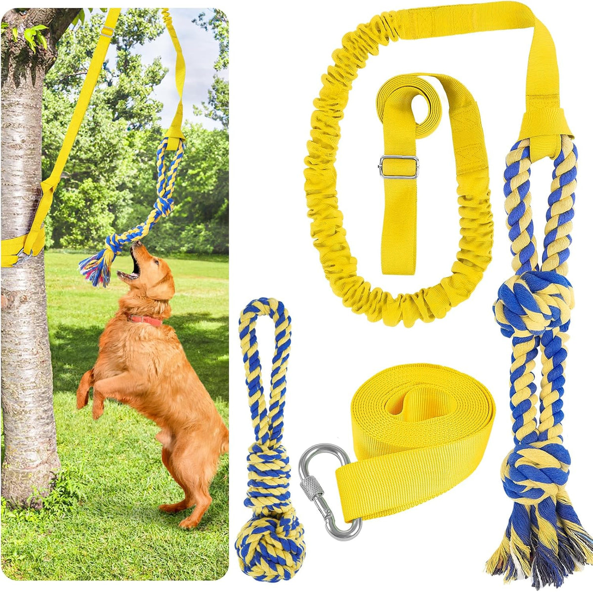 Xiaz Tug of War Dog Toy, Interactive Dogs Toy Bungee Hanging Tether with 2 Chew Rope Toys, Heavy Duty Puppy Outdoor Activity Aggressive Chewers Best Small to Large Boredom Exercise and Play (Yellow)