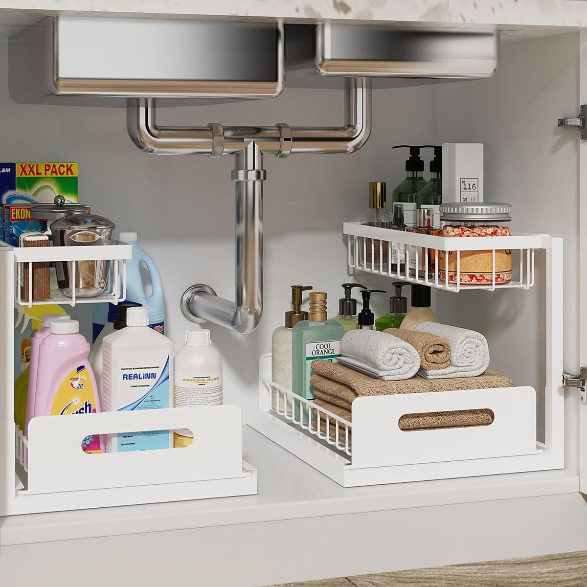 REALINN under Sink Organizer, L-Shaped 2 Tier Pull Out Cabinet Organizer