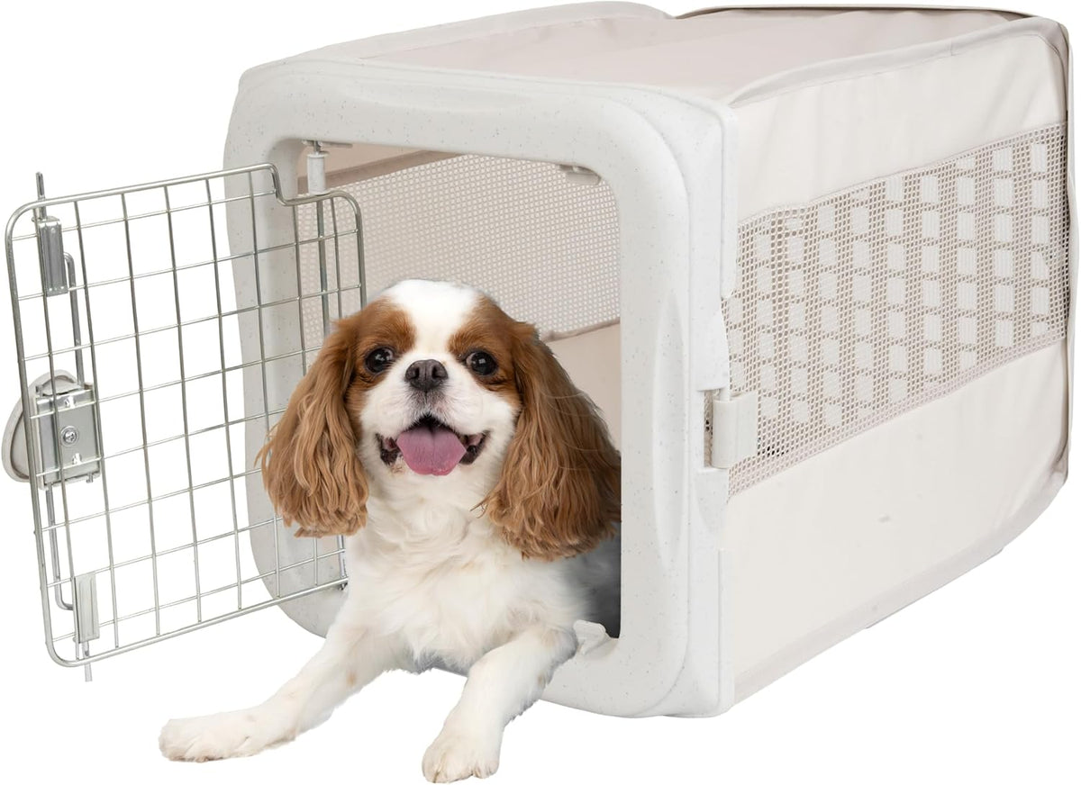 Sportpet Designs Small Soft-Sided Pet Travel Kennel for Cars, Foldable Back Seat Crate for Cats & Small Dogs, Mesh Ventilated Carrier with Dual Metal Doors, Safety Leash & Waterproof Bed - White