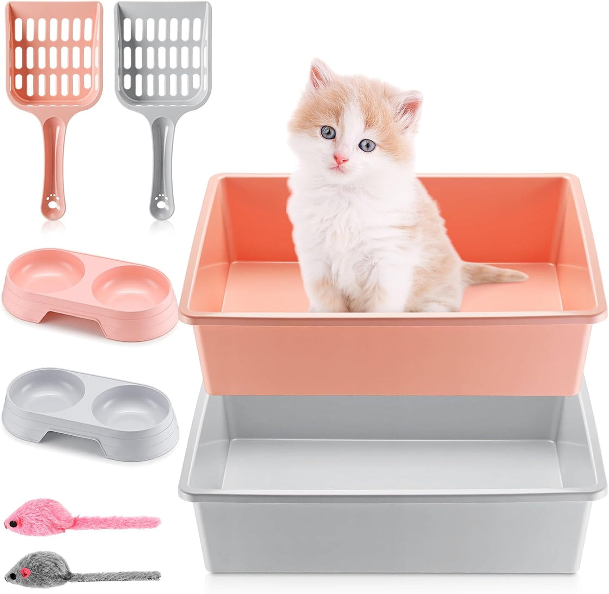 Beeveer 2 Set Kitten Litter Box Starter Kit 2 Pcs 15 X 11.2 X 4'' Plastic Small Cat Litter Box Training Low Entry with 2 Scooper, 2 Bowls 2 Mouse Toy for Small Kitty Training Essentials, Gray and Pink