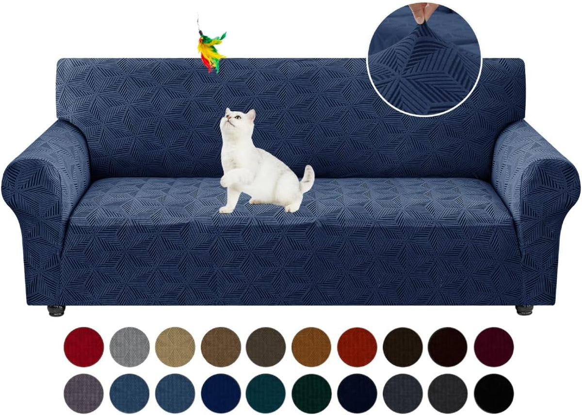 YEMYHOM 1 Piece Stretch Couch Covers for 3 Cushion Couch, Jacquard Sofa Cover with Non-Slip Elastic Bottom, Thickened Slipcover Furniture Protector for Dogs Pets (Large, Navy)