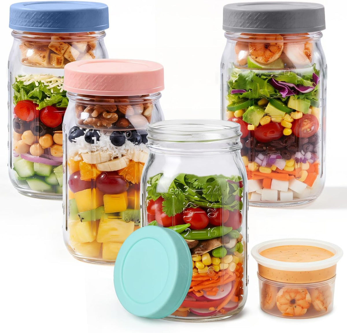 Comsaf 32 Oz Glass Salad Jars with Dressing Cup 4 Pack Meal Prep Mason Jars