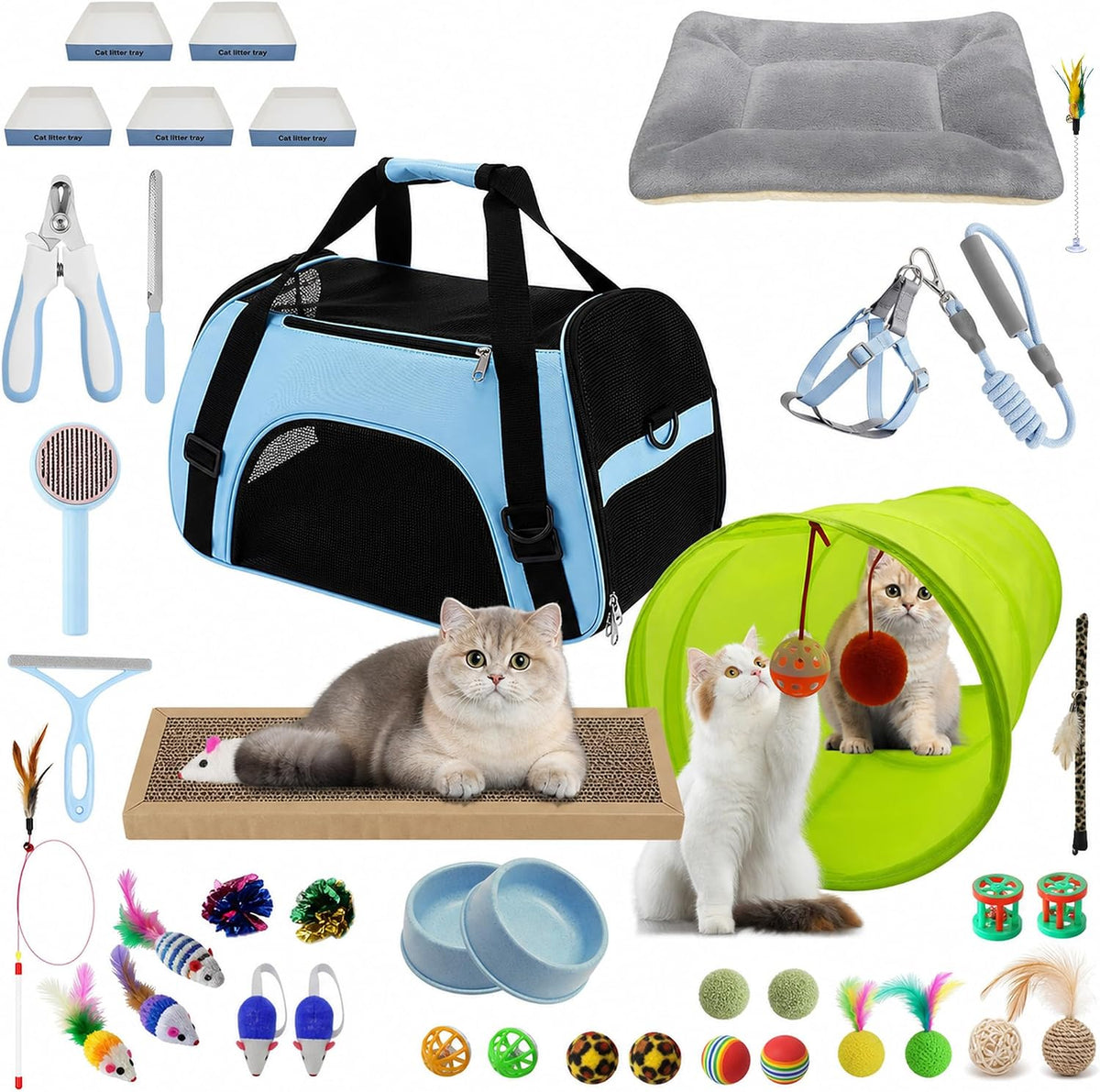 39PCS Kitten Starter Kit, 23PCS Toy Set, Bed, Carrier, Litter Box, Bowls
