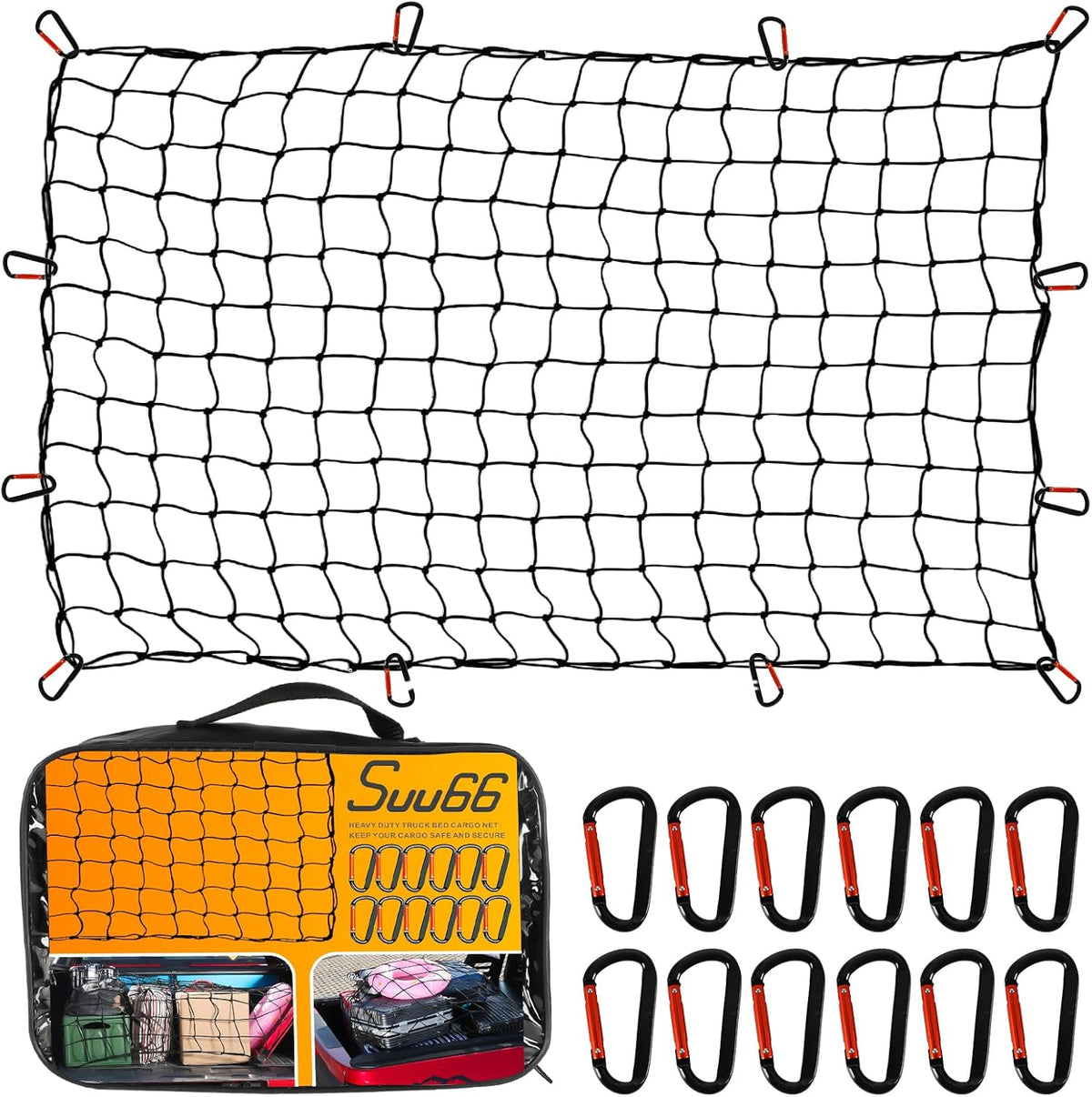 Suu66 Heavy Duty Cargo Net for Pickup Truck Bed - 5' X 7' Stretches to 15' X 21' - Sturdy Latex Bungee Net Mesh - with 12 Metal Carabiners - Truck Bed Accessories for Dodge RAM, Ford, Chevy, Toyota