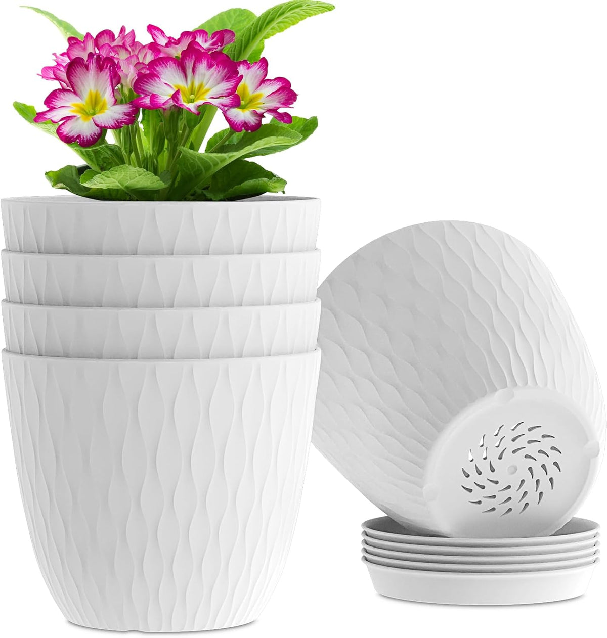 WSMKSZ 6 Inch Flower Pots, 5 Pack Plant Pots with Drainage Holes and Saucers for Indoor Plants, Plastic Planters with Water Ripple for Small Garden House Plants, Nursery Pots for Succulent, White