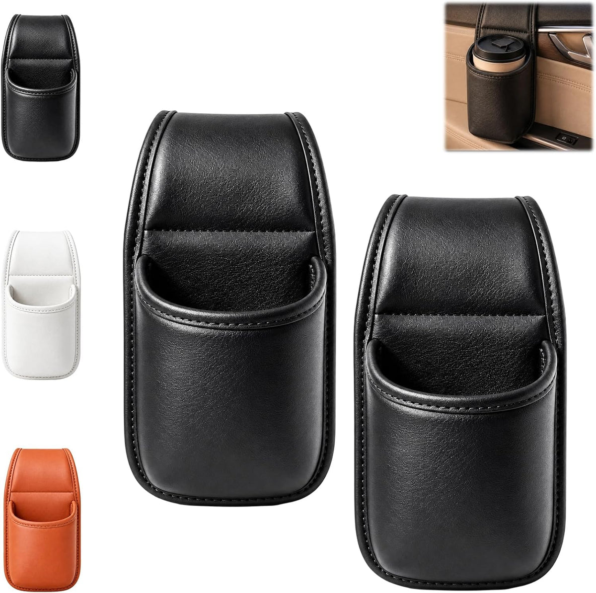 2Pcs Leather Car Door Cup Holder,Clip on Extra Large Drink Organizer,Car Door Storage Pocket, Anti-Sag Hanging Car Window Water Bottle Holder, for Back Seat, Car Side Door Headrest(Black)