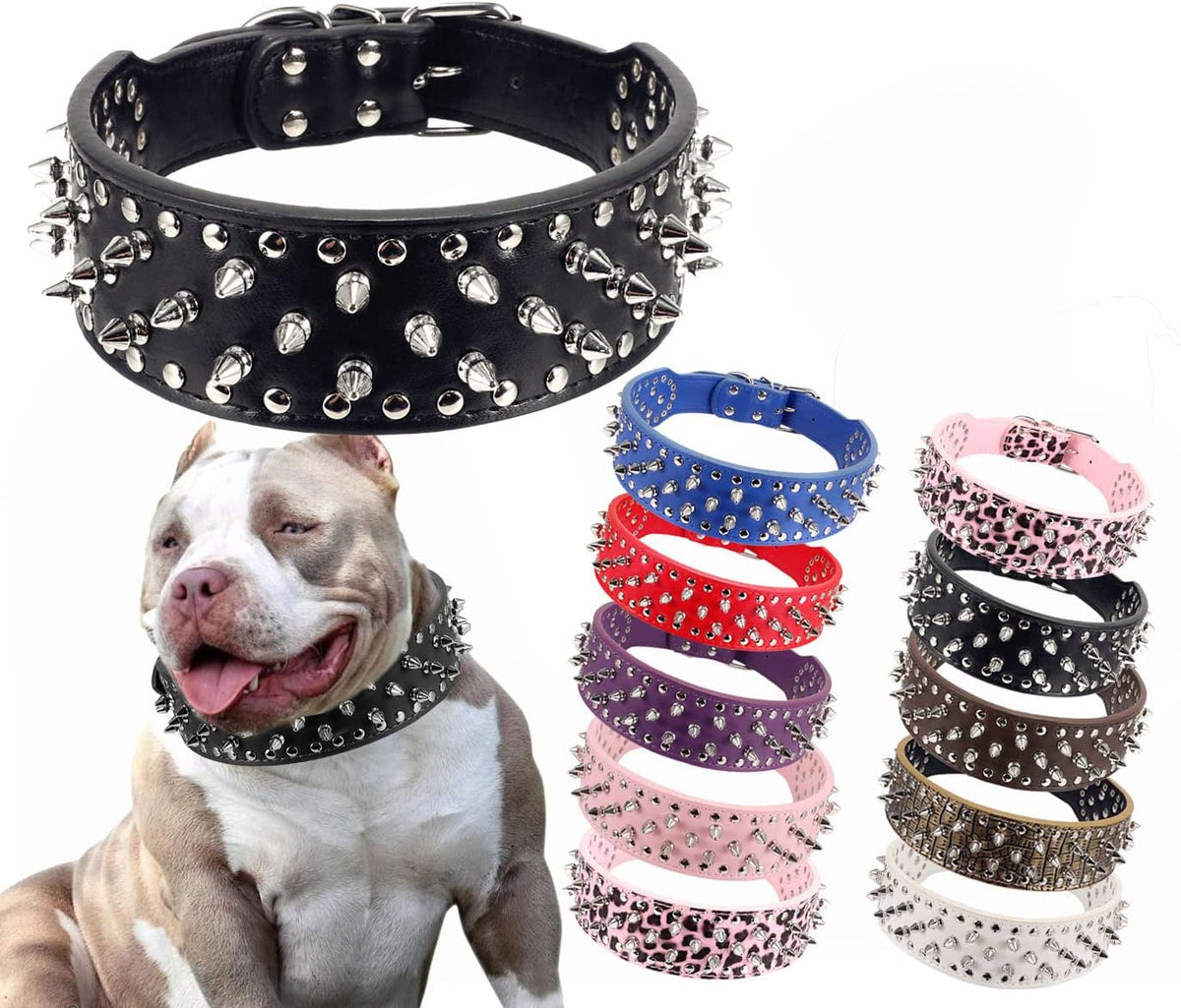 PU Leather Spiked Studded Dog Collar 2" Wide Anti-Bite Collar