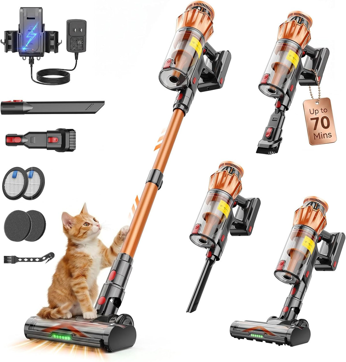Cordless Vacuum Cleaner, 750W/70Kpa Stick Vacuum Cleaners for Home, 70Mins Vacuum Cleaners with Self-Standing, Anti-Tangle Brush, LED Screen, Lightweight Wireless Vacuum for Hard Floor,Carpet,Pet Hair