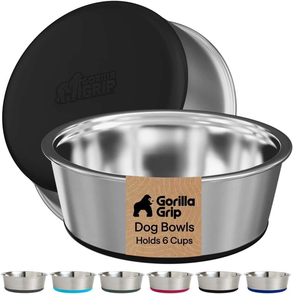 GORILLA GRIP Dog Bowl Set, Food Grade 304 Stainless Steel, 6 Cup, Black