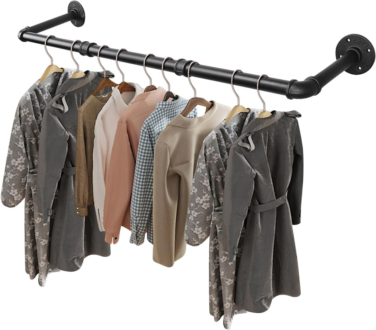 Industrial Pipe Clothes Rack, Heavy Duty Detachable Iron Garment Rack Wall Mounted, Rustic Saving Space Clothes Bar Multi-Purpose Hanging Rod for Bedroom, Closet, Black (36 Inch)
