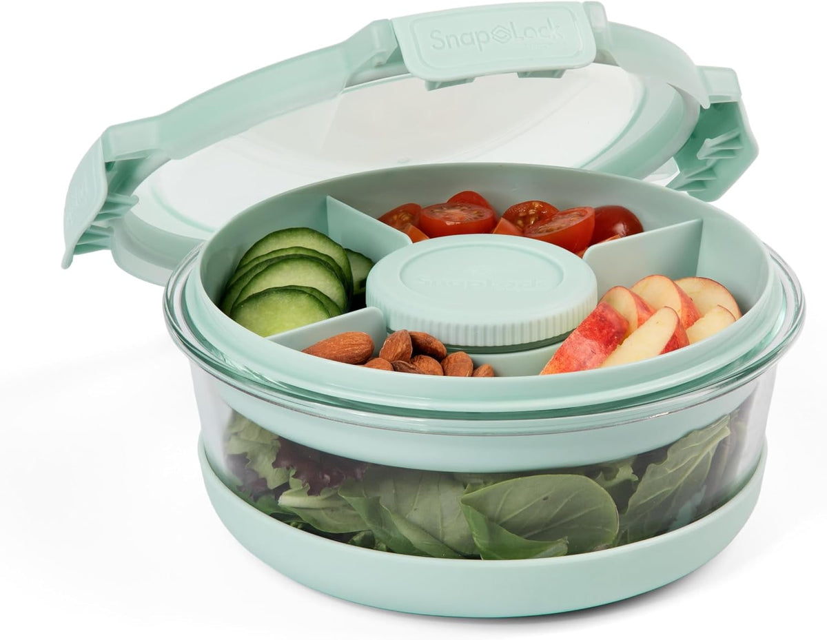 Snaplock Glass Food Storage Salad Container with Divided Upper Tray and Dressing Container, Used for Meal Prep or Lunch On-The-Go, Mint