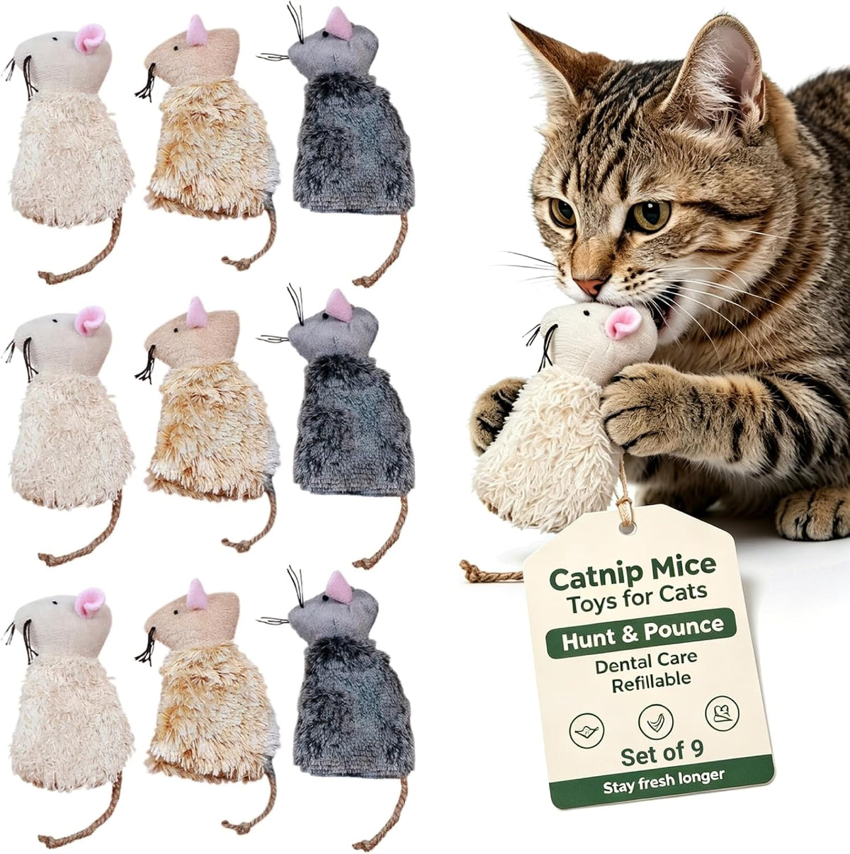 Ipetboom 9Pcs Catnip Toys for Cats Refillable - Interactive Cat Chew Toys for Indoor with Natural Jute Tail and Long Fur - Durable Plush Mouse Pet Fun Tool for Hunting Boredom Relief