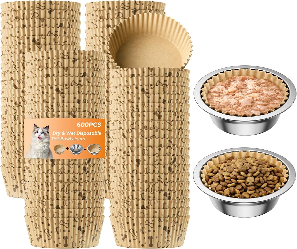 600 Pack Disposable Cat Bowl Liners with 2 Stainless Steel Bowls