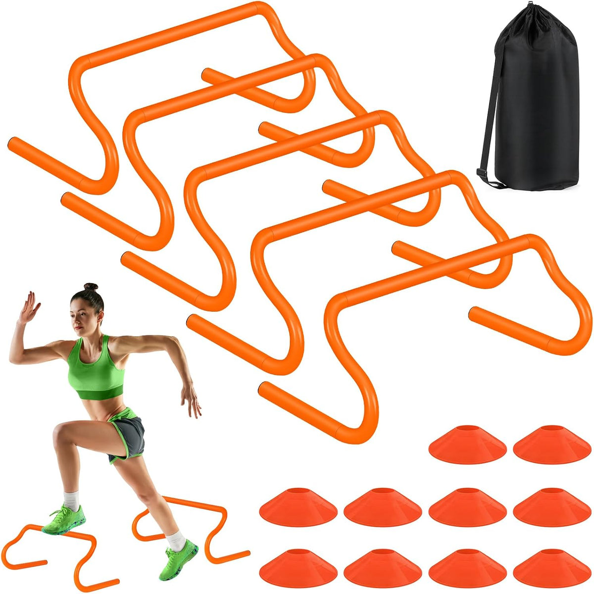 SMTPDT Agility Hurdles Training Equipment - 5 Speed Hurdles and 10 Soccer Cones with Carrying Bag for Soccer, Football, and Track Drills, Ideal for Athletes Speed and Agility Training