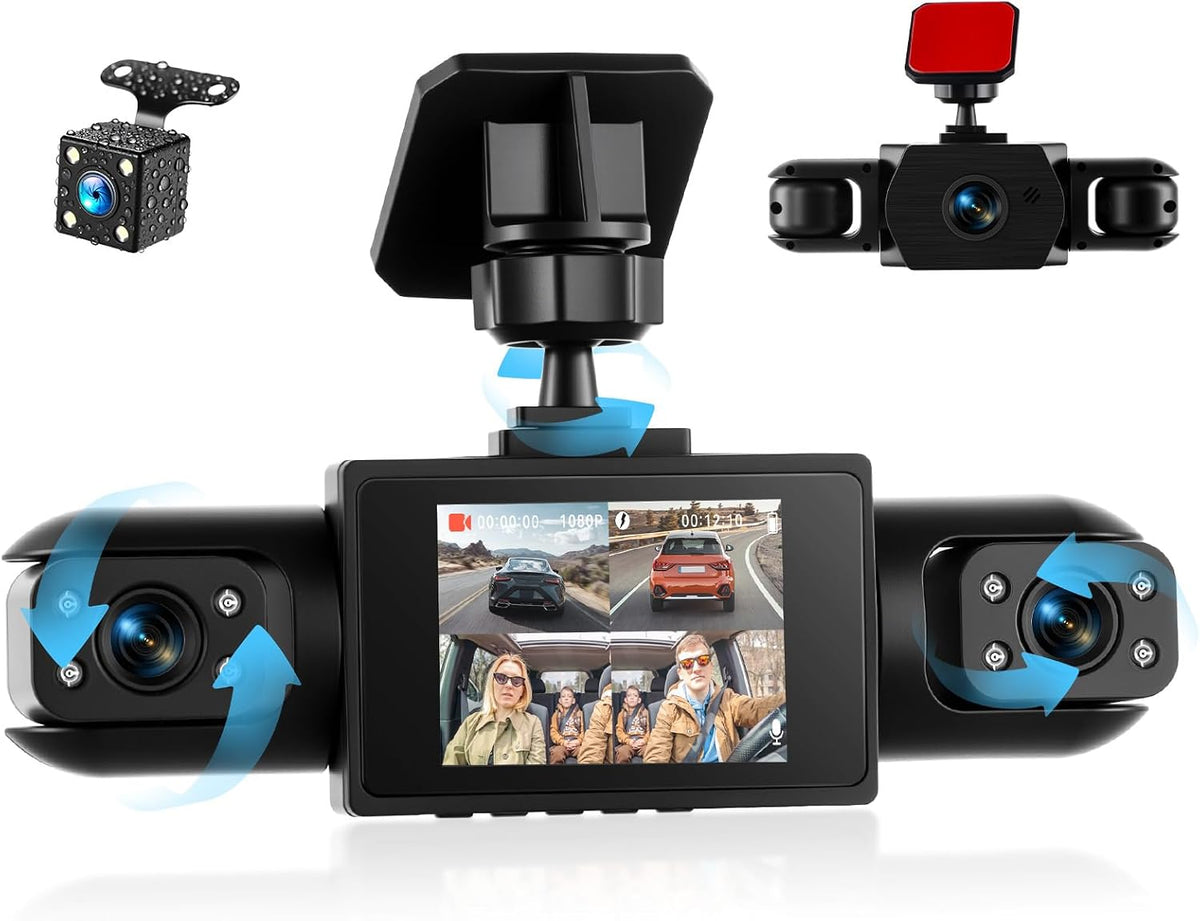 360° 4 Channel 1080P Dash Cam Front and Rear inside Left Right, 2“ IPS Dash for Cars, Built-In Loop Recording, 24/7 Recording Parking,Motion Detection,Night Vision,Reversing Help (No Wifi)
