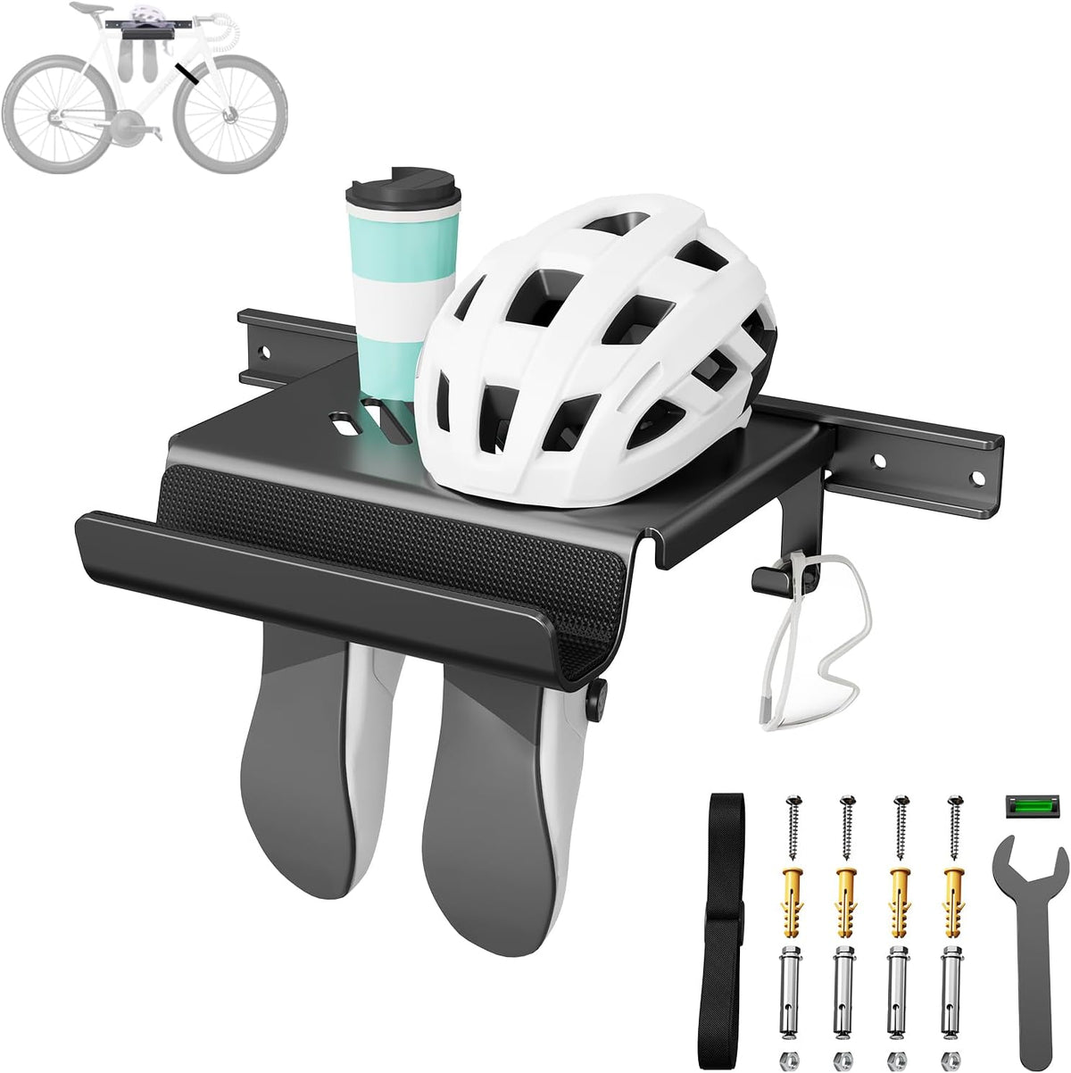 Bike Wall Mount Rack with Shelf and Hooks Saving Space