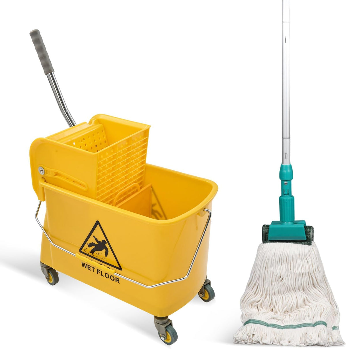 22 Quart Wheeled Mop Bucket with Press Wringer, Add Cotton Loop-End Wet Mop