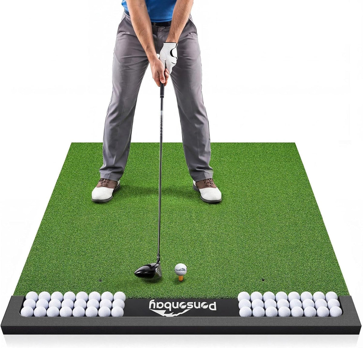 Integrated Golf Hitting Mat with Ball Tray, Thickening Golf Mats Practice Outdoor & Indoor Artificial Turf Matt with 3 Tees