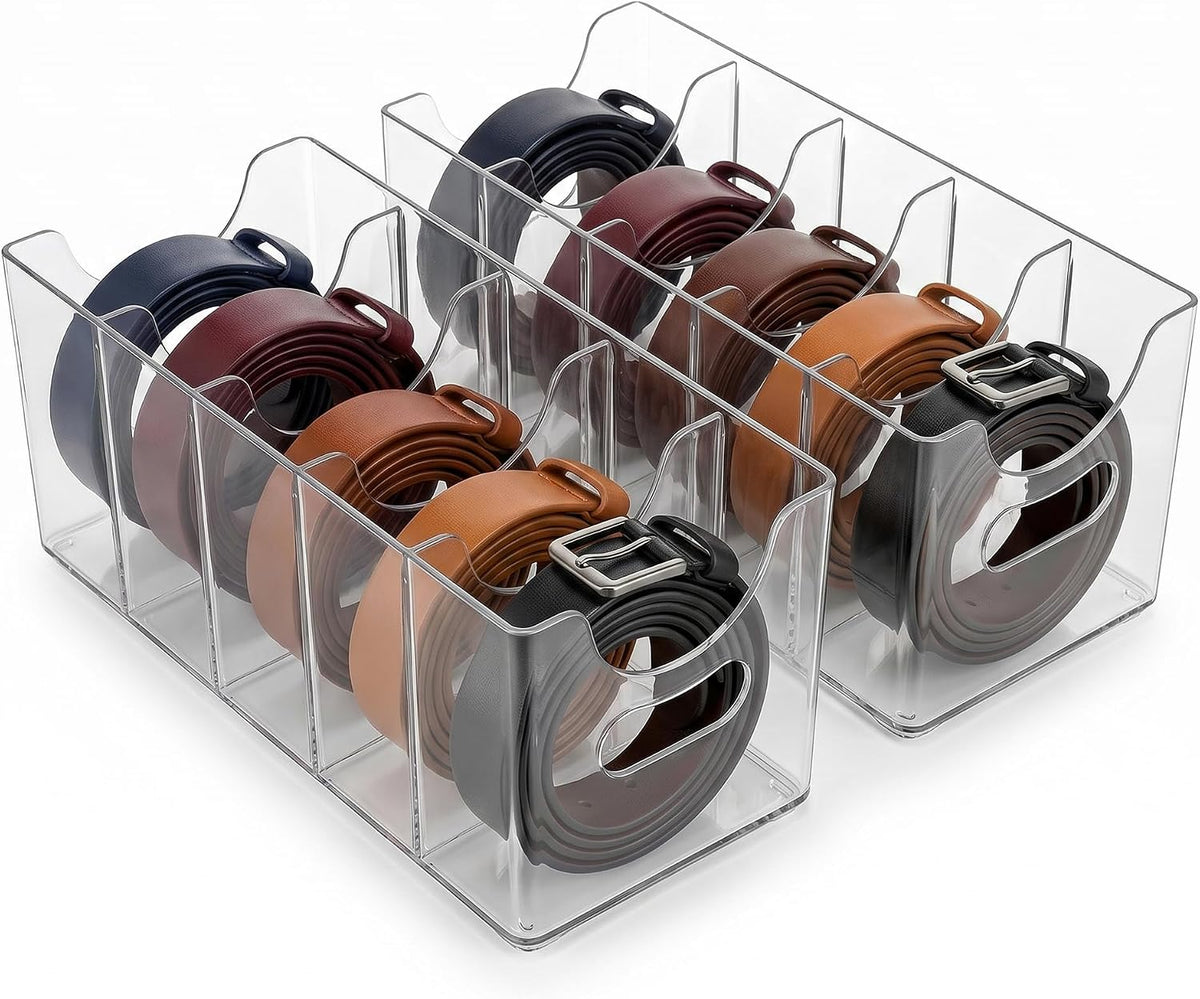 Clear Acrylic Belt Organizer 2 Pack, Stackable Belt Holder with 5 Removable Dividers & Built-In Handles, Multi-Purpose Drawer Closet Storage Display Bin for Belts, Ties, Socks, Underwear