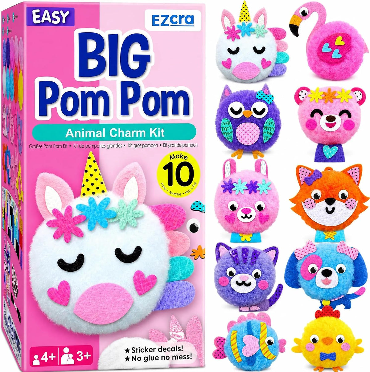 EZCRA Pom Pom Craft Kit - 10-In-1 Unicorn and Animal DIY Set