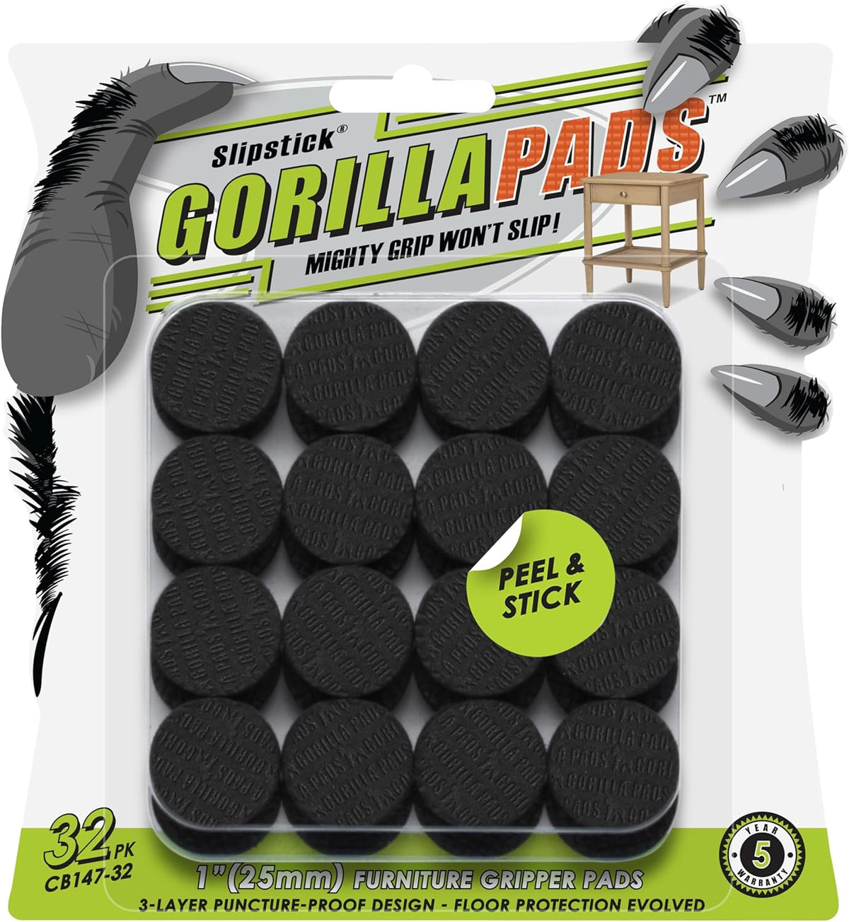 Gorillapads 1 Inch Non-Slip Furniture Pads/Gripper Feet Skids (Set of 32) Self Adhesive Rubber Floor Protectors, Round, Black, CB147-32