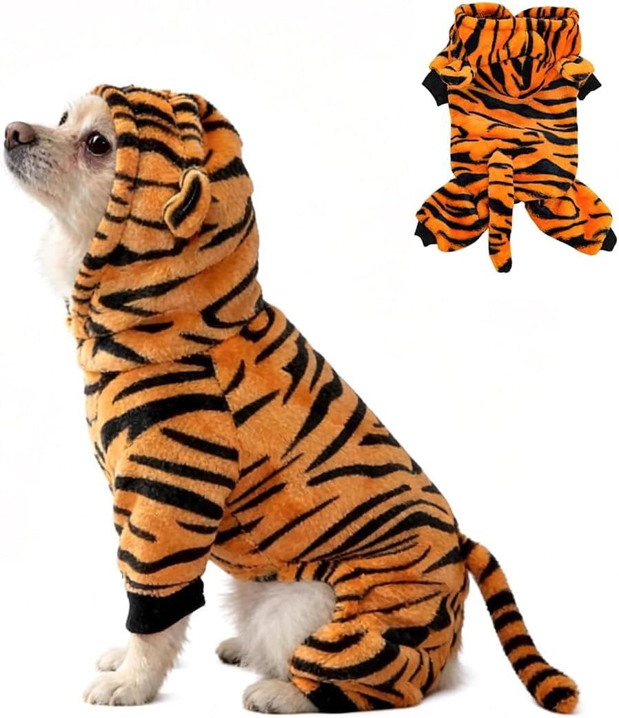 Tiger Striped Pet Hooded Jumpsuit, Soft Flannel Warm Pet Costume, Four-Legged Pet Apparel for Small Dogs, Cats, Rabbits, Foxes, for Halloween, Christmas, Cosplay, Daily Wear(Medium, Tiger)