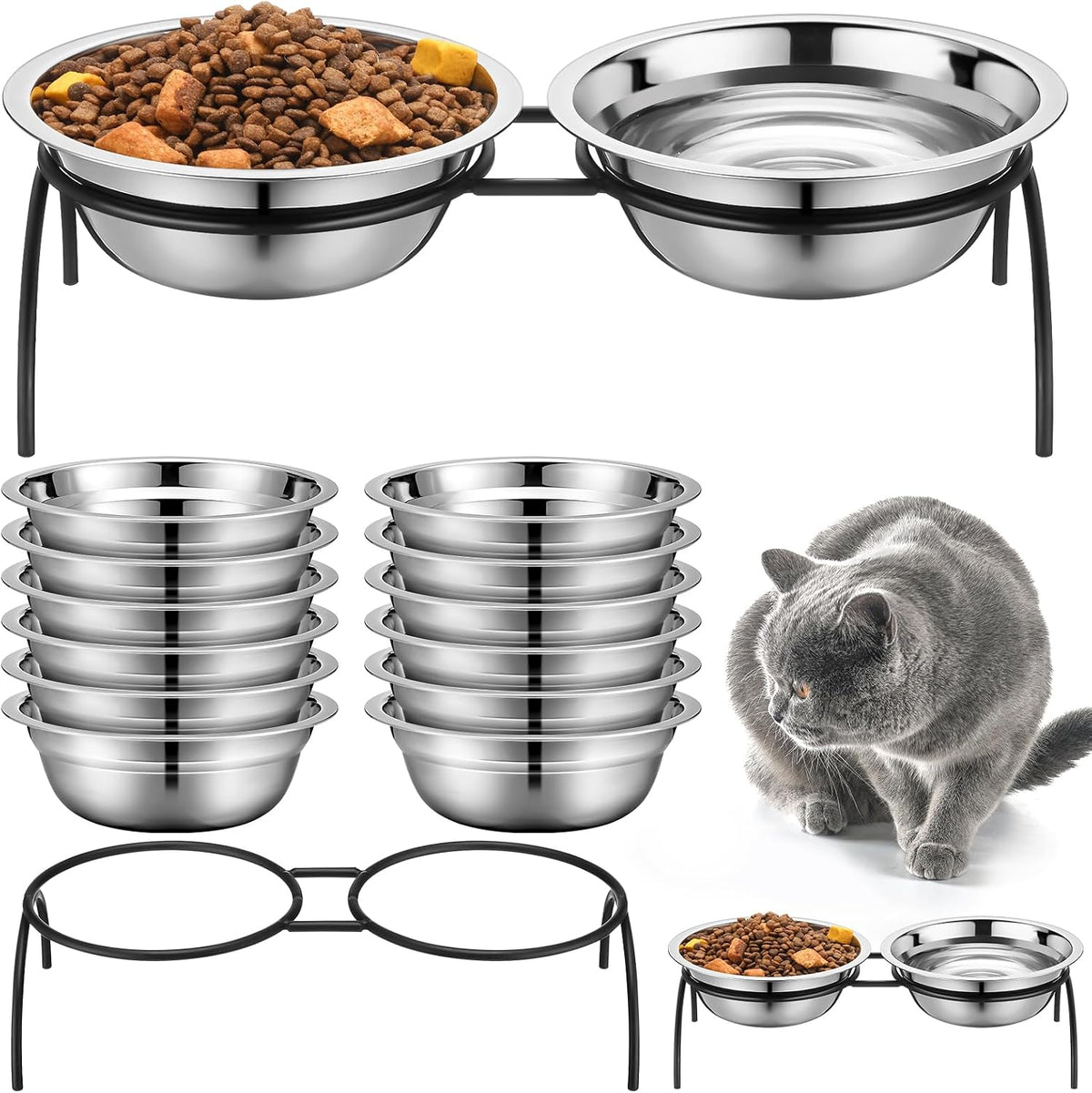 12 Pack Stainless Steel Cat Food Bowls 5.5 Inch Raised Cat Bowls with One Metal Stand Elevated Pet Feeding Water Feeder Dishes for Indoor Kitten Puppy Dogs Feeding Dish to Prevent Fatigue