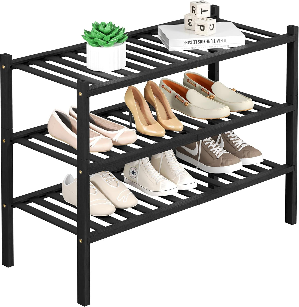 ROMGUAR CRAFT 3 Tier Bamboo Shoe Rack for Closet Free Standing Wood Shoe Shelf Storage Organizer for Entryway Small Space Stackable 27"X11"X20" (Black)