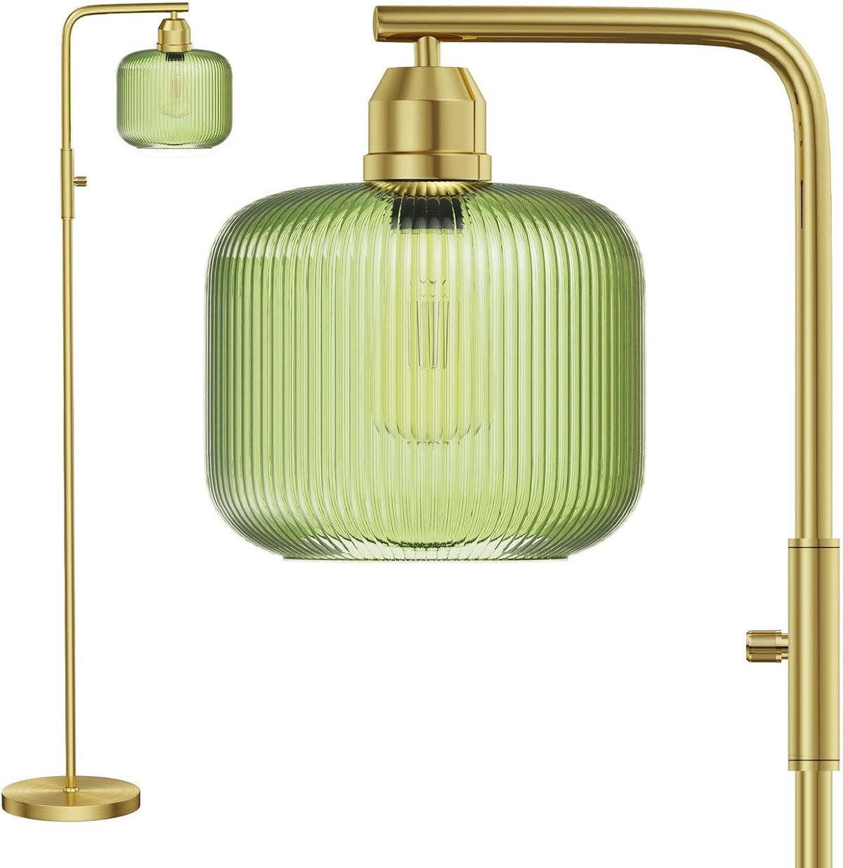 66" Dimmable Gold Standing Lamp with Green Ribbed Glass for Living Room