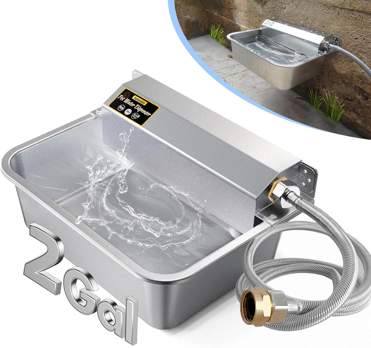 PETIMI Automatic Dog Water Dispenser, 2 Gallons 304 Stainless Steel Dog Water Bowl for Indoor/Outdoor, Large Water Bowl for Pets & Livestock, anti Tip, Wide Mouth, Water Auto Fill, Fit GHT 3/4" Faucet