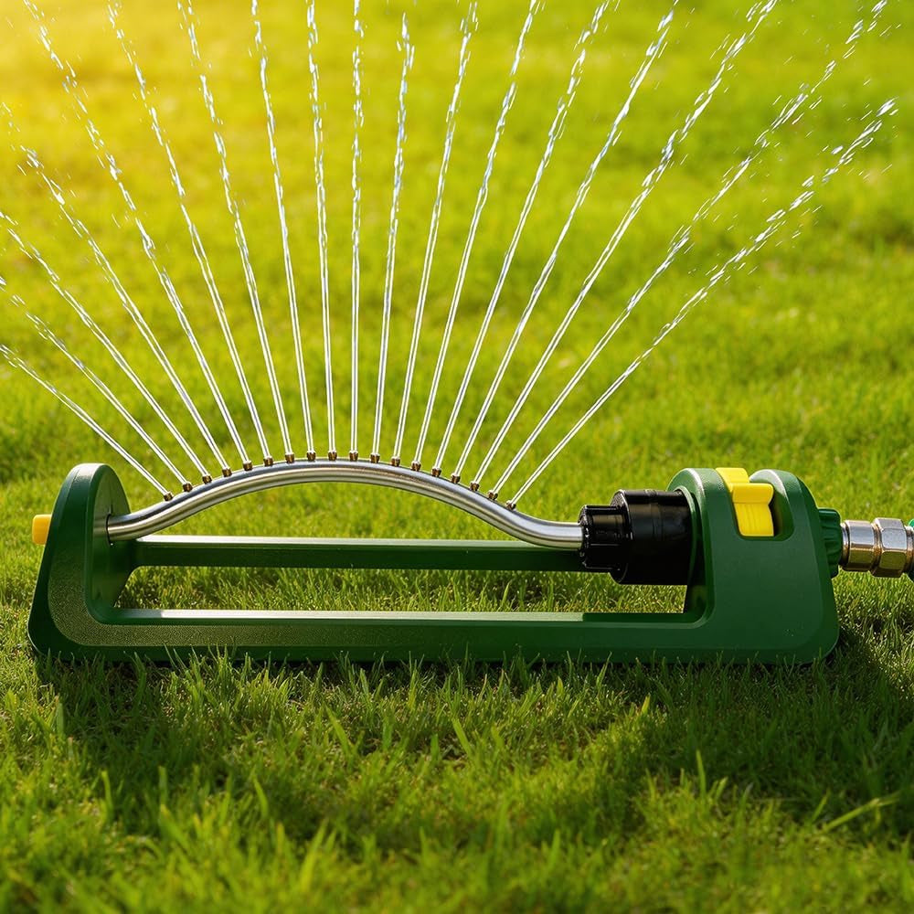 Lawn Sprinkler, 18 Brass Nozzles Garden Water Oscillating Sprinkler for Yard Covers up to 3,600 Sq.Ft, Heavy Weight Base, Built-In Spray Jet Cleaning Needle, Green, Yellow