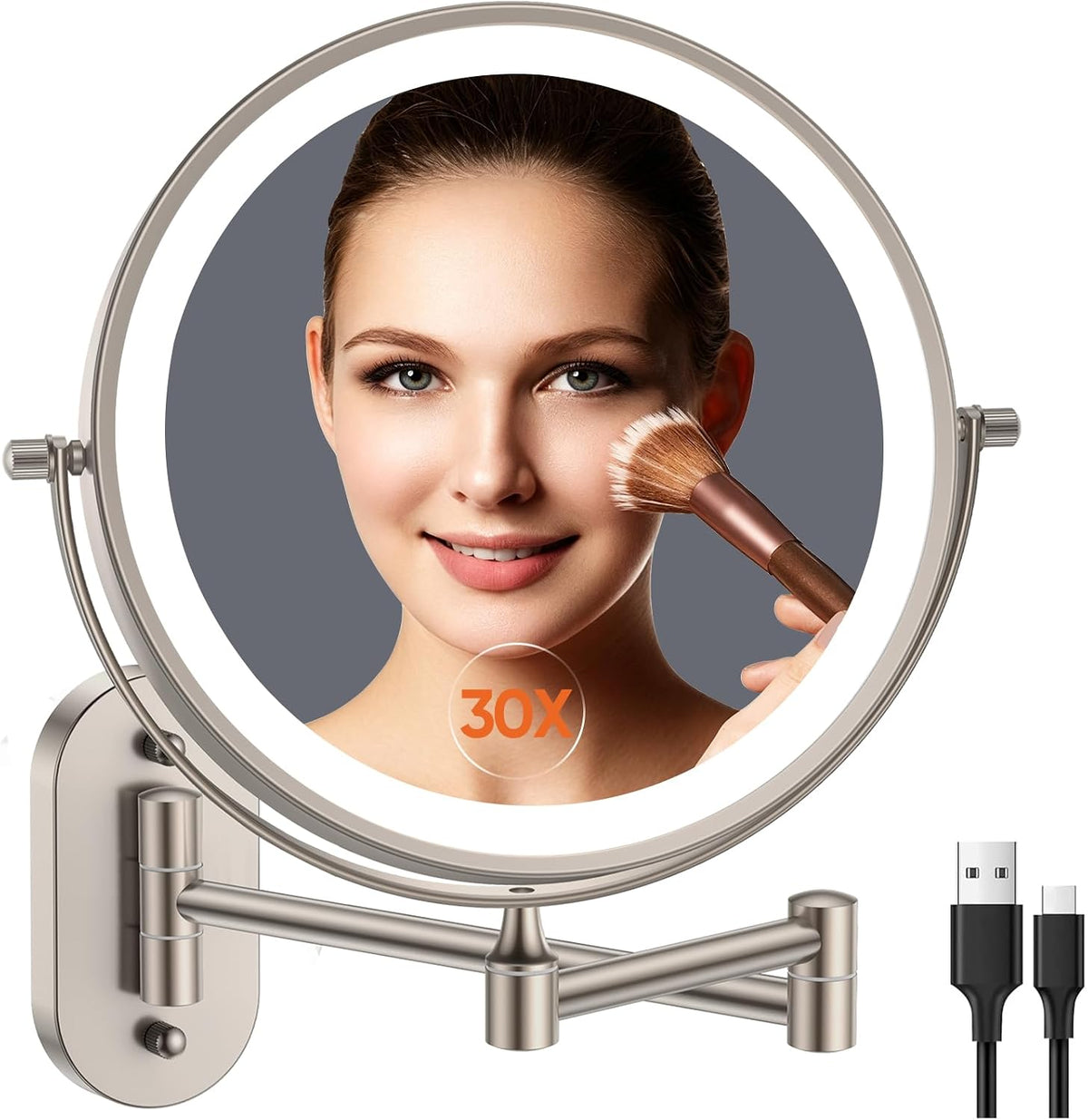 5000Mah Rechargeable Wall Mounted Lighted Makeup Vanity Mirror1X/30X Nickel