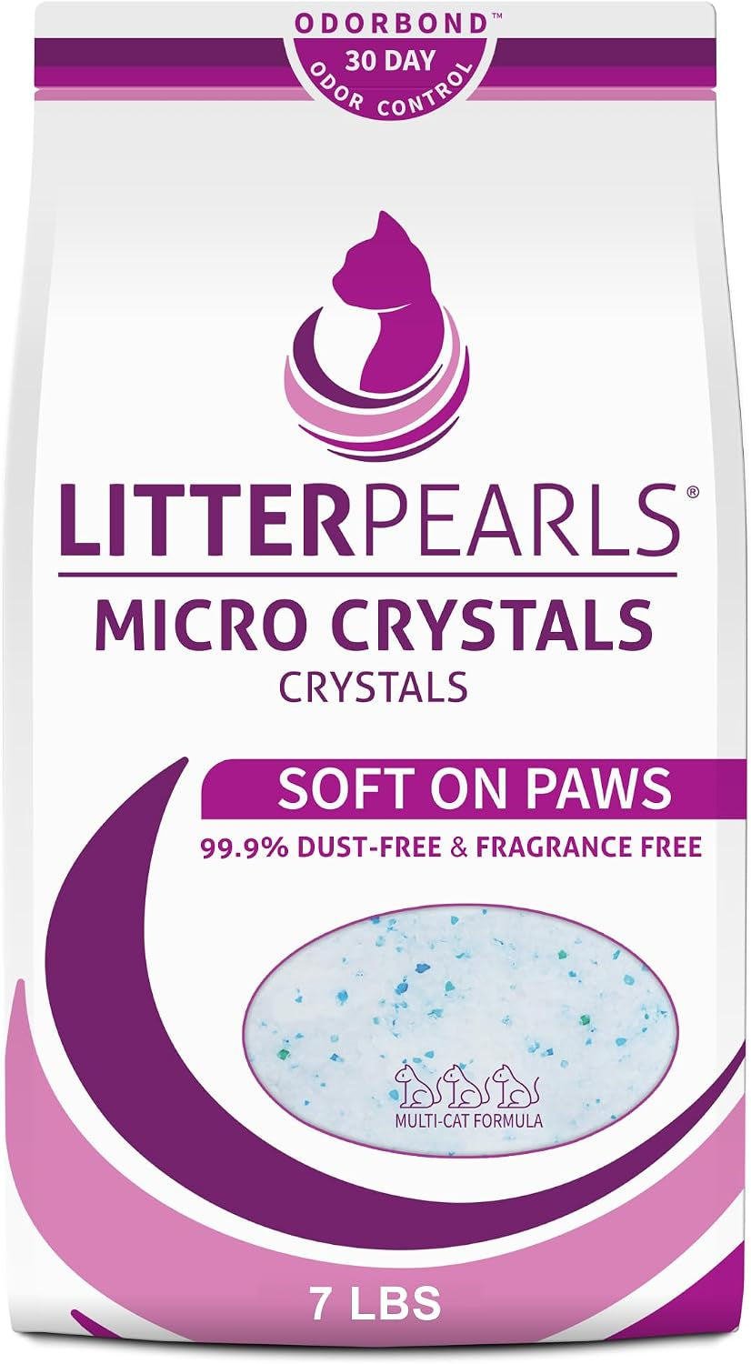 Litter Pearls Micro Crystals Unscented Non-Clumping Crystal Cat Litter with Odorbond, 7 Lb, White, Clear and Blue Crystals (LPMC7)