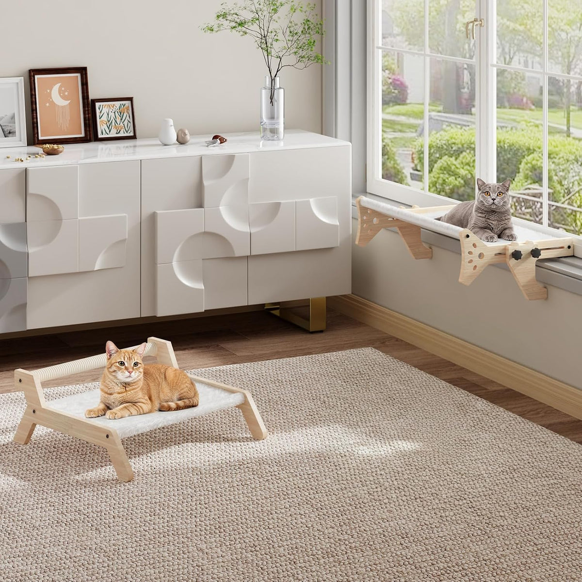 HOOBRO Cat Perch Set of 2 for Window Sill with Bolster, Window Hammock with Soft Plush, Hammock Seat for Indoor Use, Cat Beds for Window and Floor, Natural NL44CS03