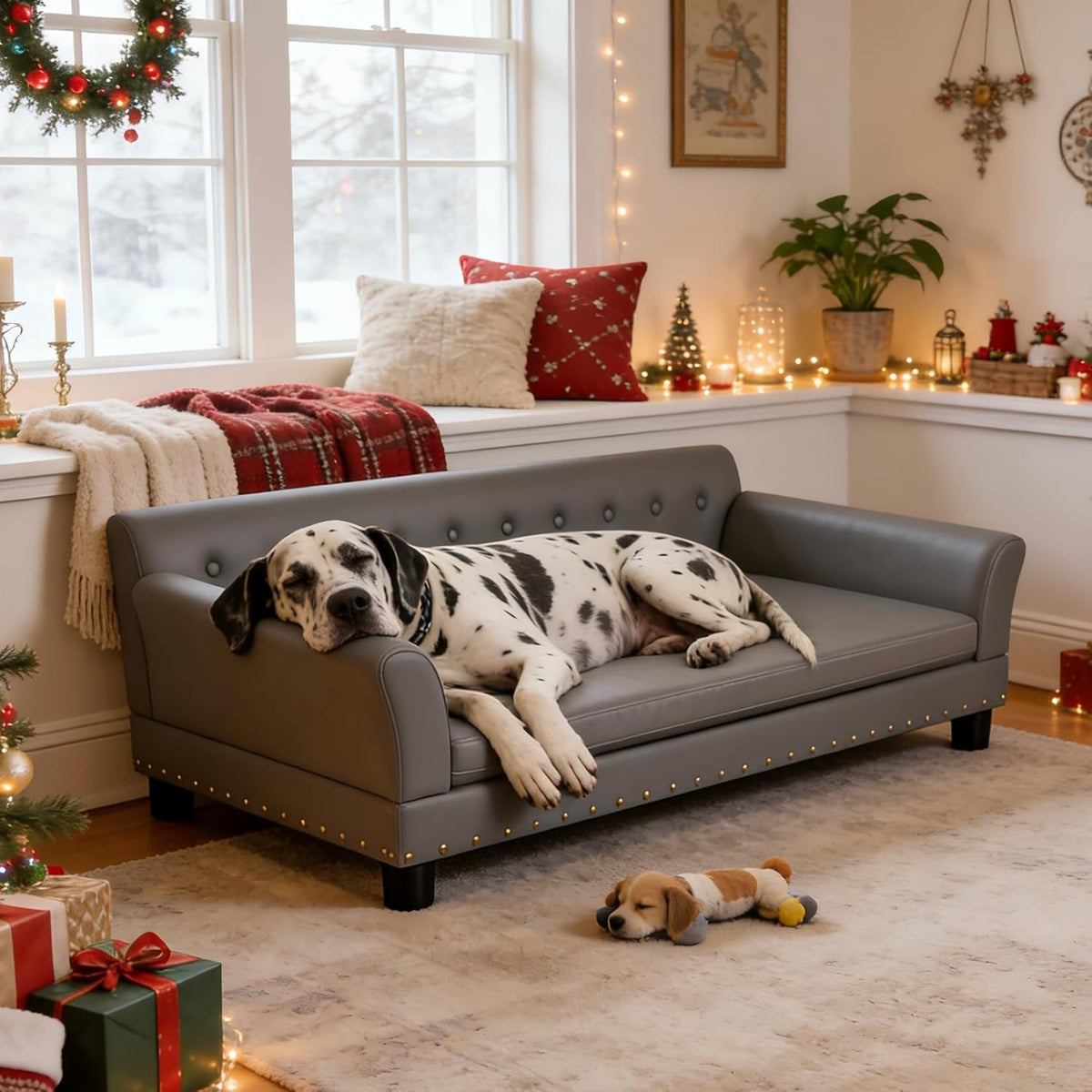 Bingopaw Large Leather Dog Sofa: Jumbo Pet Couch Made by Scratching Resistant Microfiber Leather - Indoor Elevated Dogs Chaise Bed for Doggy up to 120Lbs