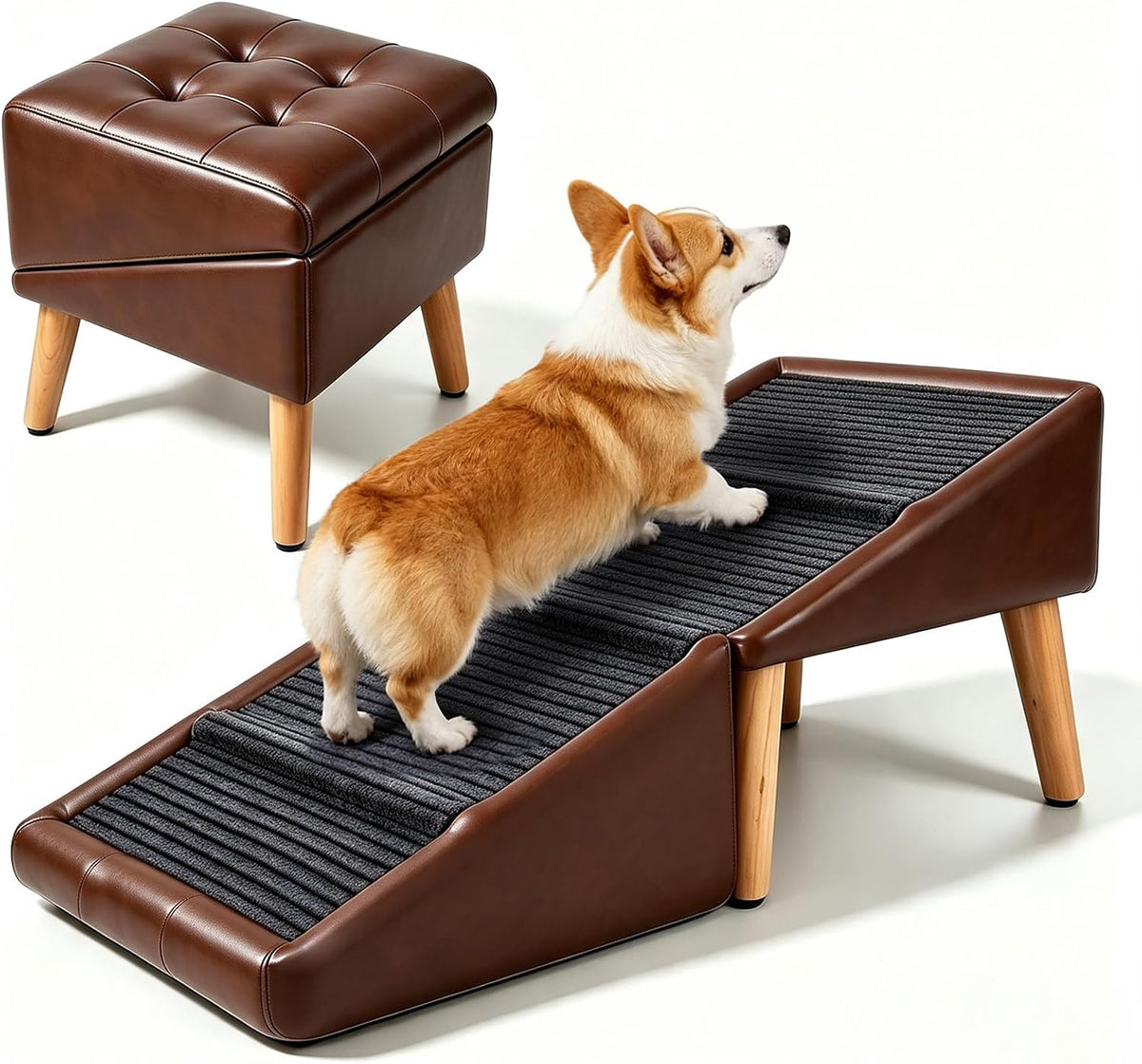 Dog Stairs Ramp for Small Dogs,17.5" Extra Wide Non-Slip Dog Steps for Couch Bed,Foldable 2-In-1 Pet Ramp & Ottoman,20° Gentle Incline Pet Climbing Ladder,Pet Steps with Solid Wood Frame,Brown